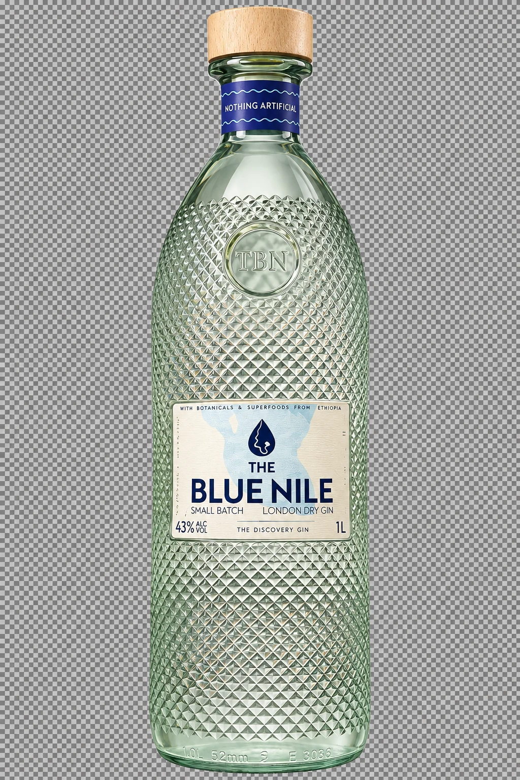 The Blue Nile London Dry Gin: patterned glass bottle with a wooden cap and blue and cream label, suspended in mid-air